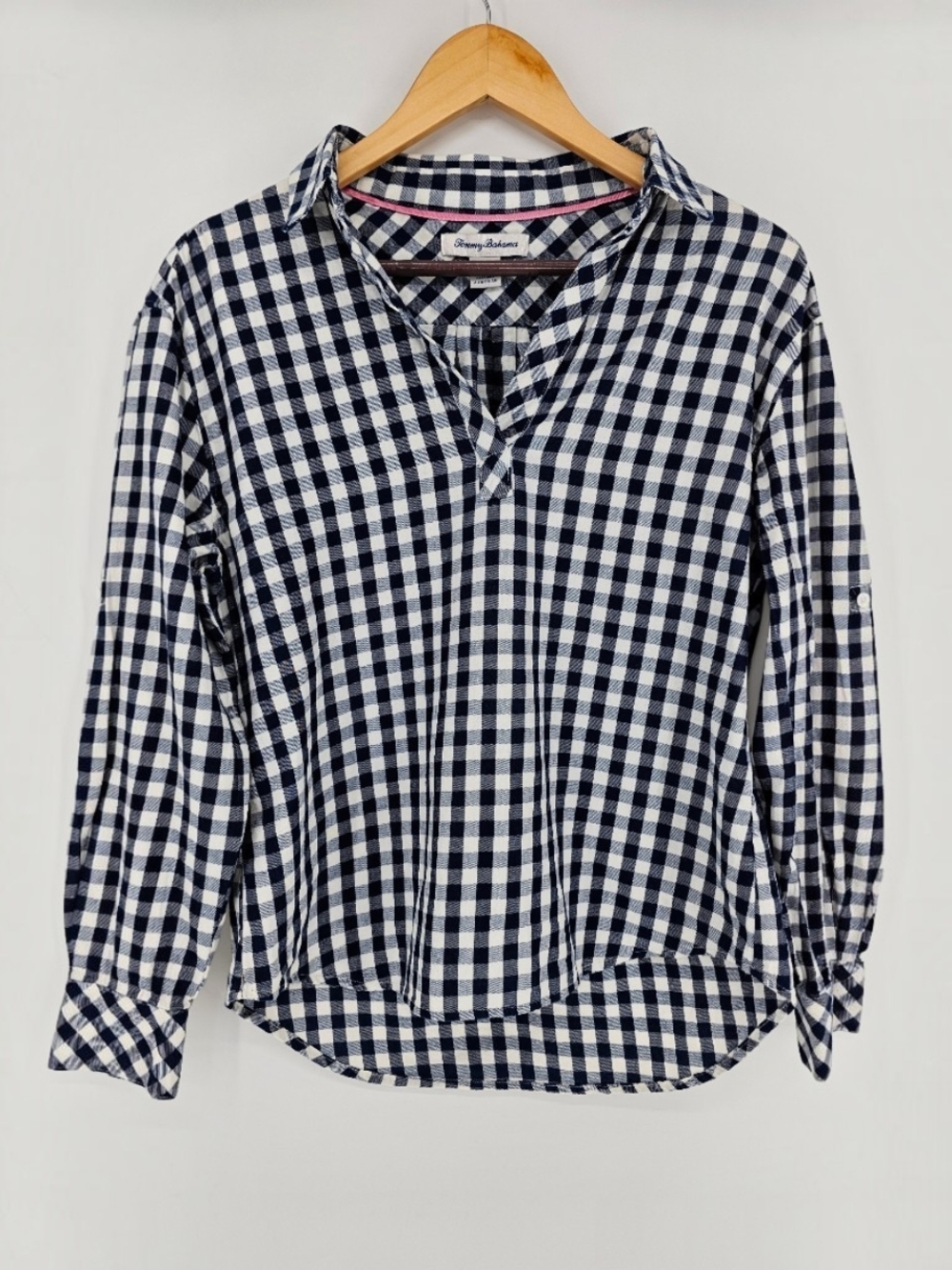 Tommy Bahama Navy Gingham Cotton Shirt XS Coastal Preppy Roll Sleeve